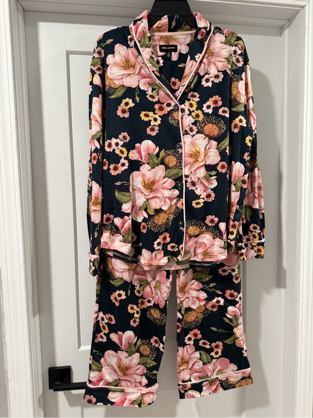 Floral Navy & Pink Pajama Set - Cozy Button-Up Top & Pants